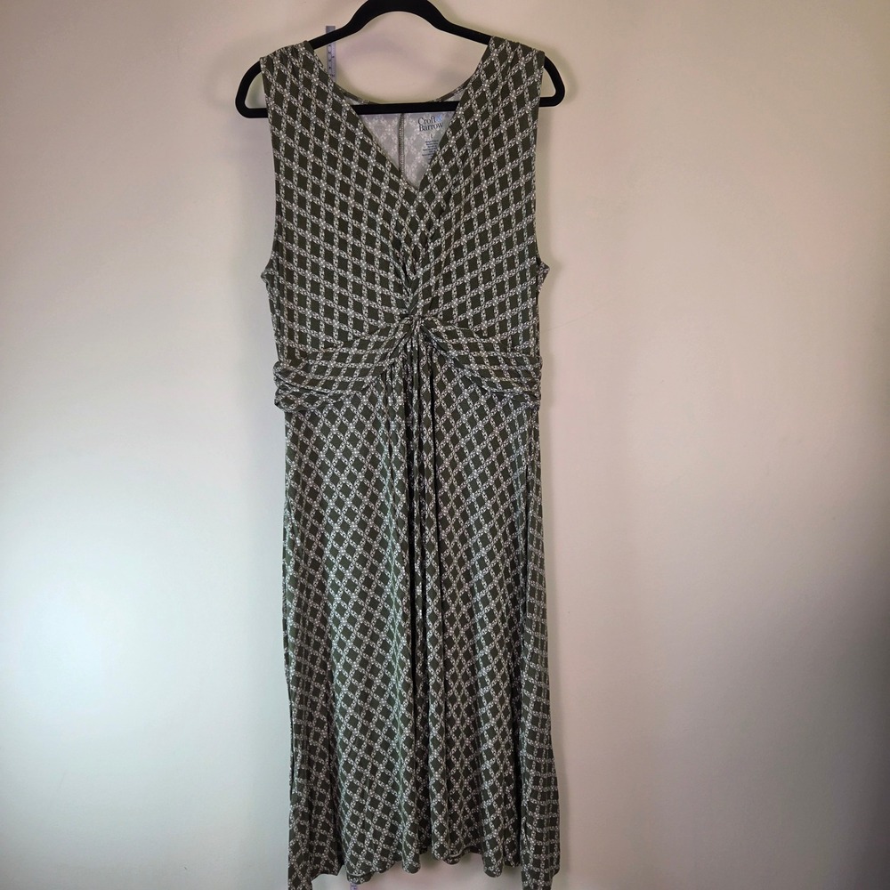 Croft & Barrow Olive Green Geometric Floral Knot Front Midi Dress Large